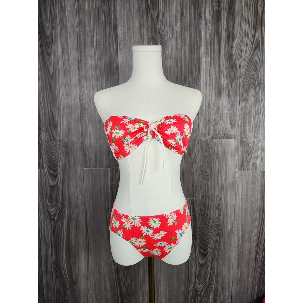 Vintage Red Daisy Floral Bandeau Bikini Set Two Piece Swimsuit Adjustable Small